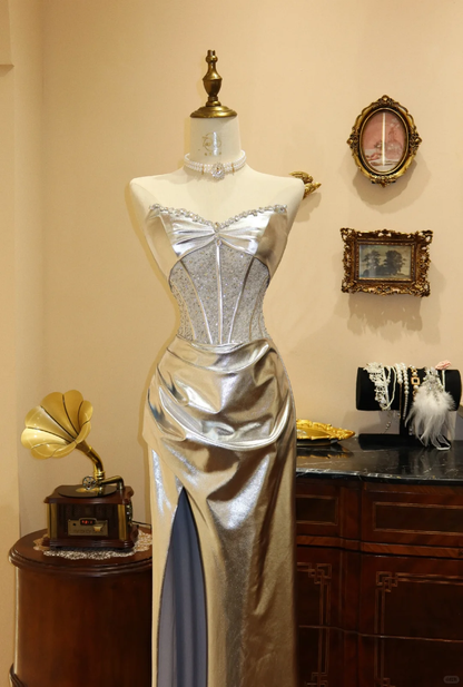 Silver A Line Sweetheart Neck Sequin Satin Prom Dress 16th Birthday Dress with Slit DP3915