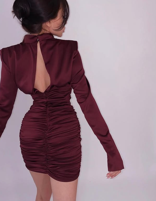 Sexy Burgundy Sheath Long Sleeve Pleated Satin Short Homecoming Dress Cocktail Dress DP3857