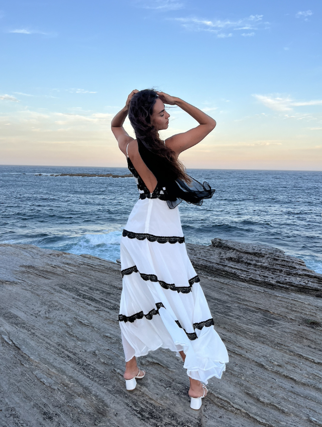 Unique Sheath Spaghetti Strap Black Lace White Chiffon Prom Dress Evening Dress DP1859