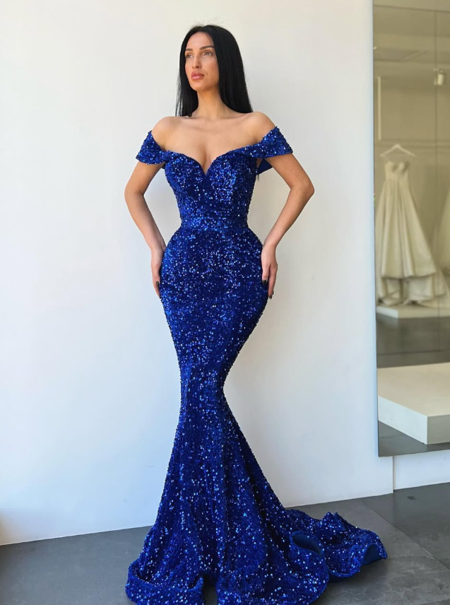 Sexy Royal Blue Mermaid Off the Shoulder Sequin Prom Dress Date Dress DP5193
