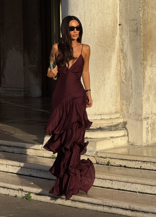 Sexy Sheath Spaghetti Straps Layered Chiffon Long Prom Dress Evening Dress DP5124