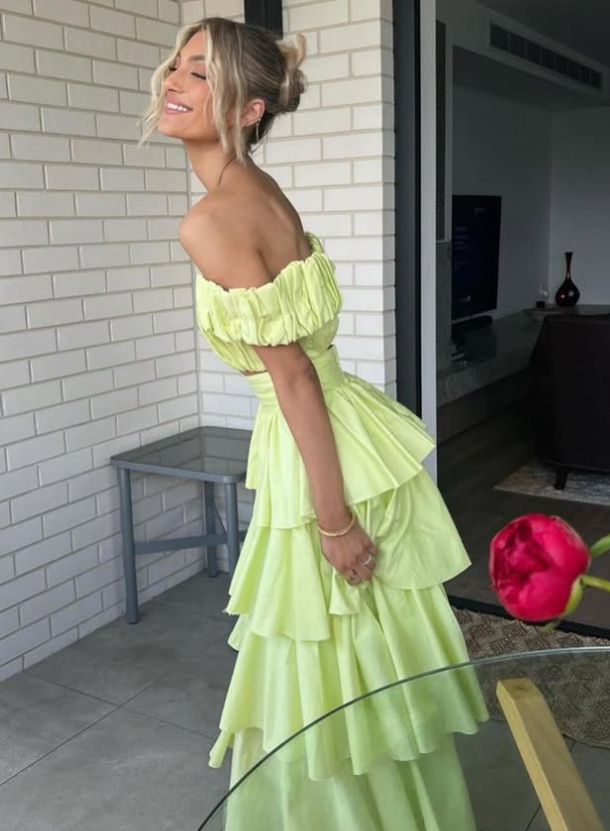 Two Piece A Line Off the Shoulder Layered Satin Long Prom Dress Outfits DP1283