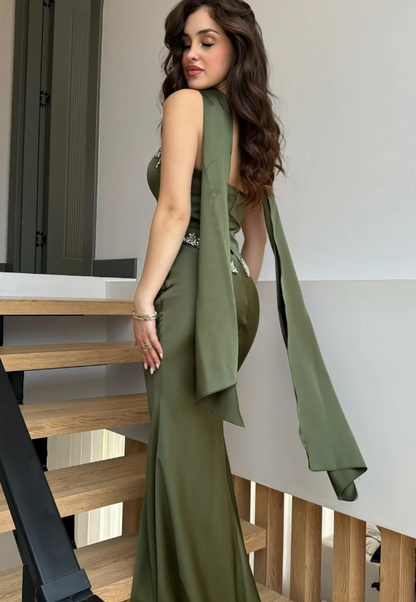 Olive Green Sheath Strapless Exquisite Beaded Satin Prom Dress Evening Dress DP5029