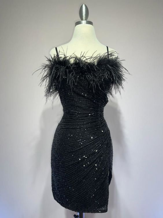 Spaghetti Straps Sheath Black Sequin Feathers Homecoming Dress Cocktail Dress DP356