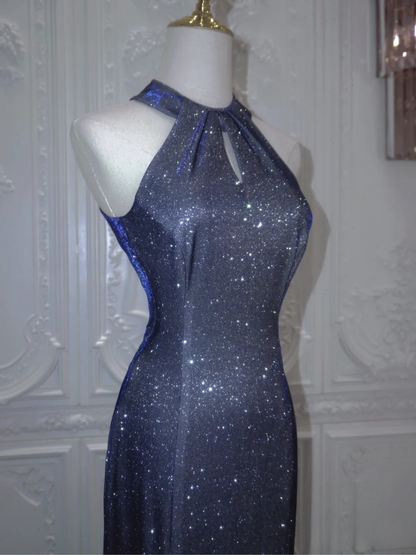 Navy Blue Mermaid Halter Sequin Long Prom Dresses Formal Evening Dress DP177