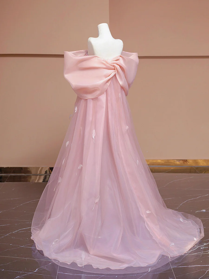 Pink Bow Floor Length Prom Dress, Lovely A-Line Princess Off the Shoulder Formal Dress DP2021