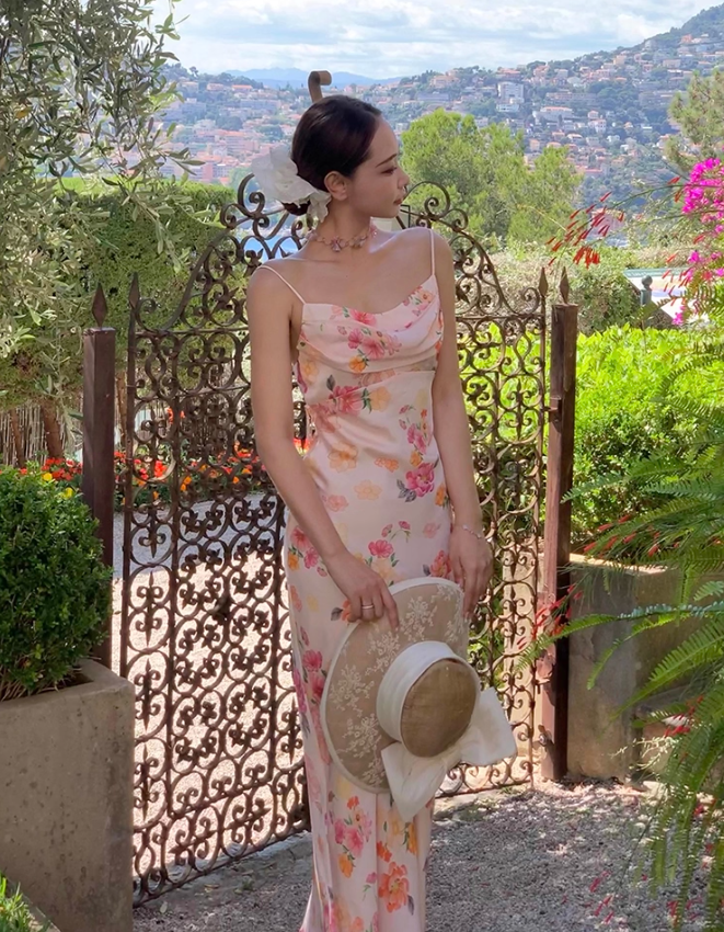 Pretty Sheath Spaghetti Pink Print Floral Satin Prom Dress Party Dress Outfit DP3531