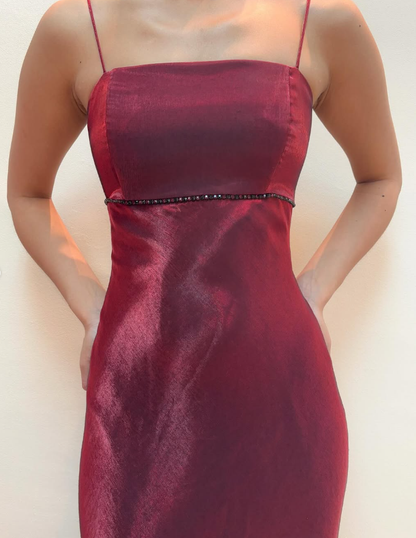 Simple Vintage Sheath Spaghetti Strap Beaded Burgundy Prom Dress Evening Dress DP1800