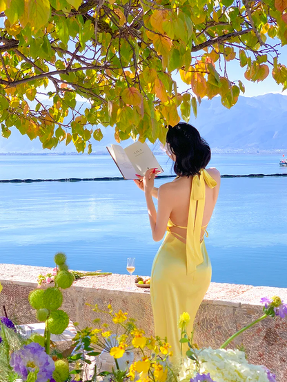 Yellow Mermaid Halter Satin Open Back Prom Dress Vacation Dress DP3863
