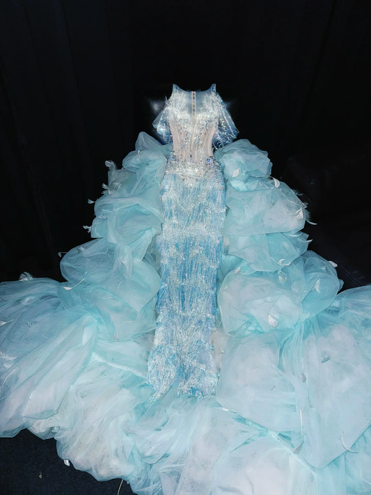 Dreamy Sheath Sequin Beaded Baby Blue Tulle Long Sweep Prom Dress Evening Dress DP2694