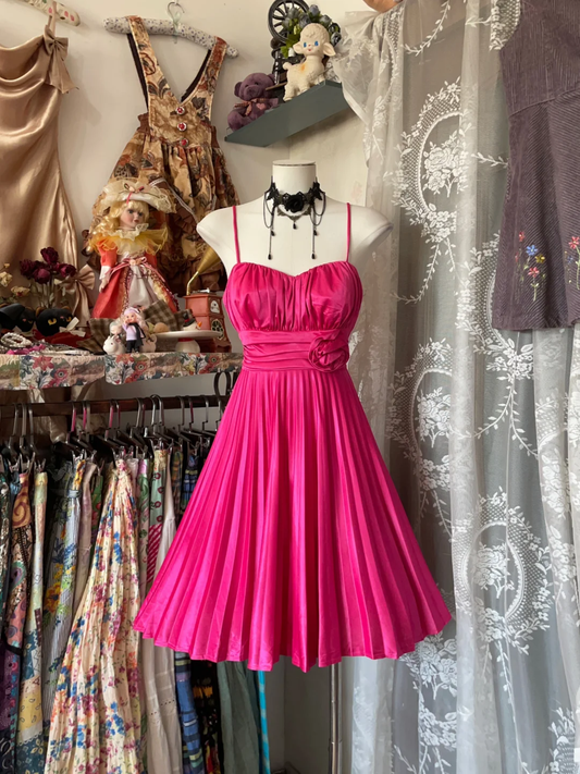 Hot Pink Vintage A Line Spaghetti Strap Satin Short Homecoming Dress Outfits DP4995