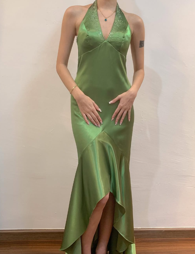 Vintage Mermaid V Neck Rhinestone Green Satin Open Back Prom Dress Evening Dress DP1754
