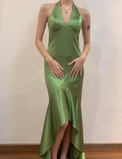 Vintage Mermaid V Neck Rhinestone Green Satin Open Back Prom Dress Evening Dress DP1754