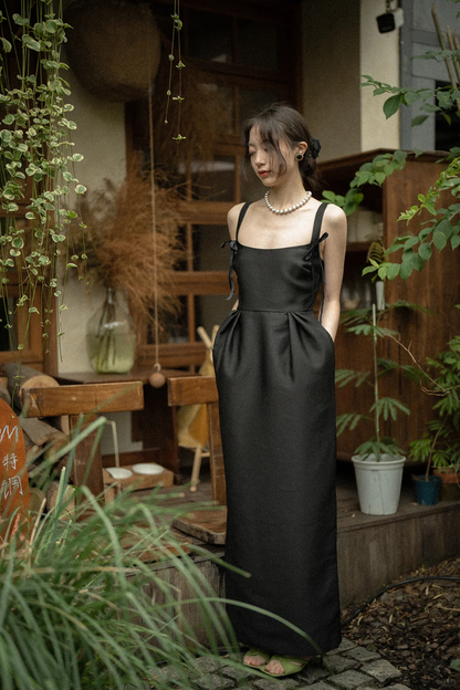 Classic Black A Line Spaghetti Strap Satin Long Prom Dress Party Dress Outfits DP4527