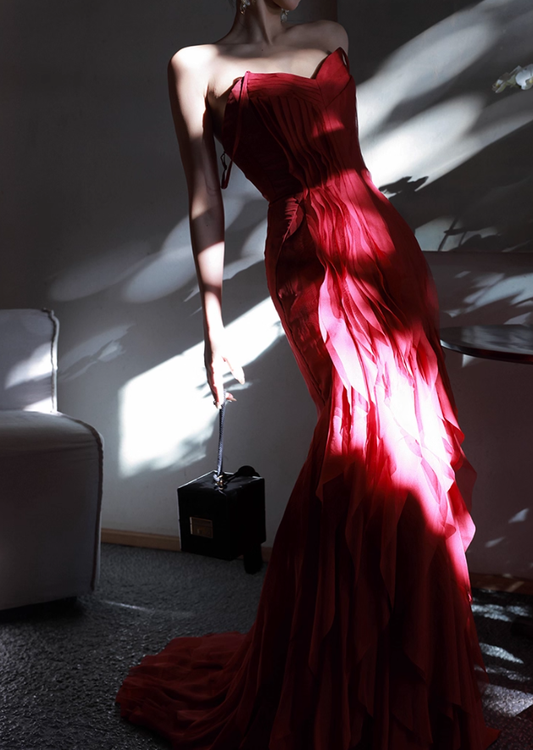 Stunning Burgundy Mermaid Spaghetti Strap Layered Chiffon Prom Dress Party Dress Date Dresses DP3684