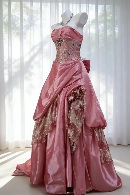 Sweet Vintage A Line Strapless Beaded Pink Lace Satin Prom Dress Evening Dress DP4728