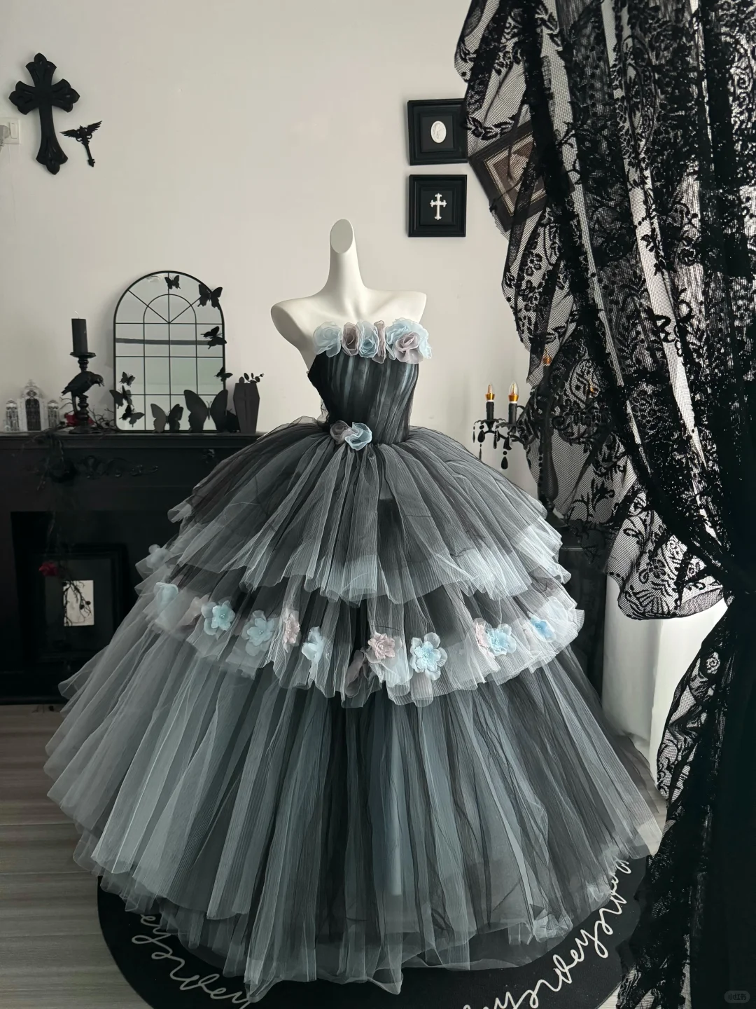 Grey Ball Gown Strapless Floral Layered Tulle Prom Dress Quinceanera Dress DP6971