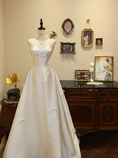 Cute Bow A Line Strapless Ivory Satin Prom Dress Wedding Dress DP7045