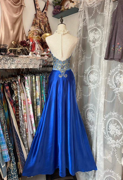 Vintage Mermaid Halter Exquisite Beaded Blue Satin Backless Prom Dress DP4856