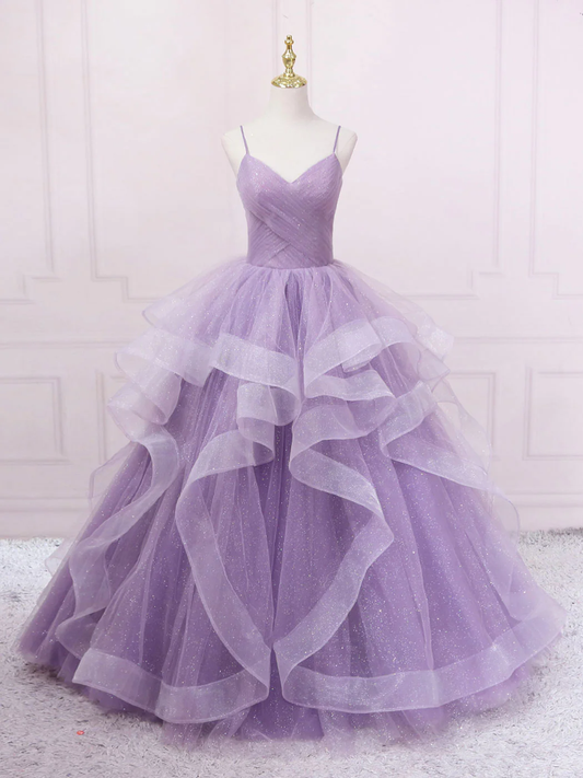 Shiny Purple V Neck Tulle Long Prom Dress Formal Party Evening Dress DP082