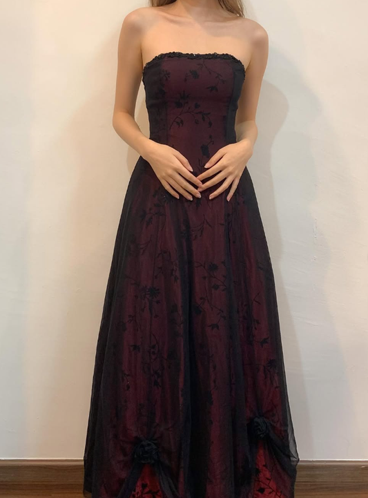 Vintage A Line Strapless Appliques Satin Long Prom Dress Evening Dress DP1355