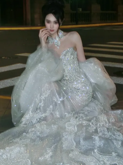 Elegant Mermaid Sweetheart Neck Sequin Beaded White Tulle Long Prom Dress Wedding Dress DP4649