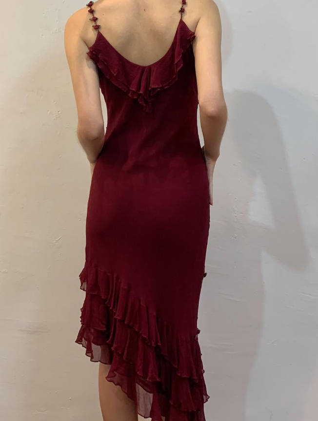 Vintage Sheath Spaghetti Strap Ruffle Beaded Burgundy Chiffon Prom Dress Evening Dress DP1635