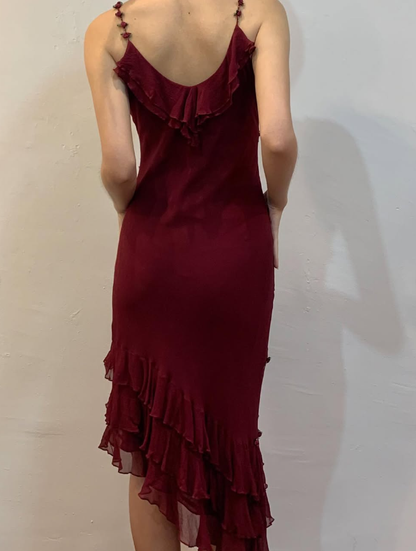 Vintage Sheath Spaghetti Strap Ruffle Beaded Burgundy Chiffon Prom Dress Evening Dress DP1635