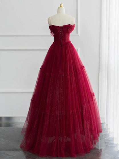Sweet Tulle Burgundy Long Prom Dress Off Shoulder  Evening Dress DP021