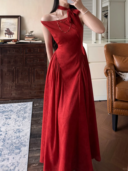 Classic Simple A Line Red Satin Long Prom Dress Evening Dress DP5646