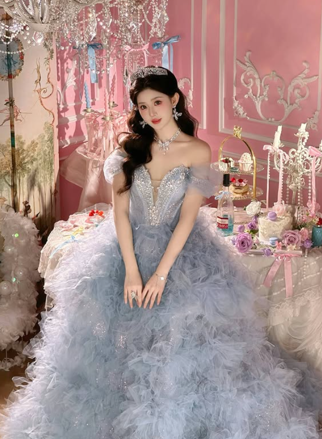 Stunning Blue Ball Gown Off the Shoulder Beaded Tulle Long Prom Dress DP4609