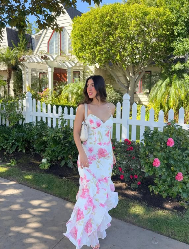 Pretty Sheath Straps Pink Print Floral Ruffle Chiffon Prom Dress Evening Dress Vacation Dress DP5608