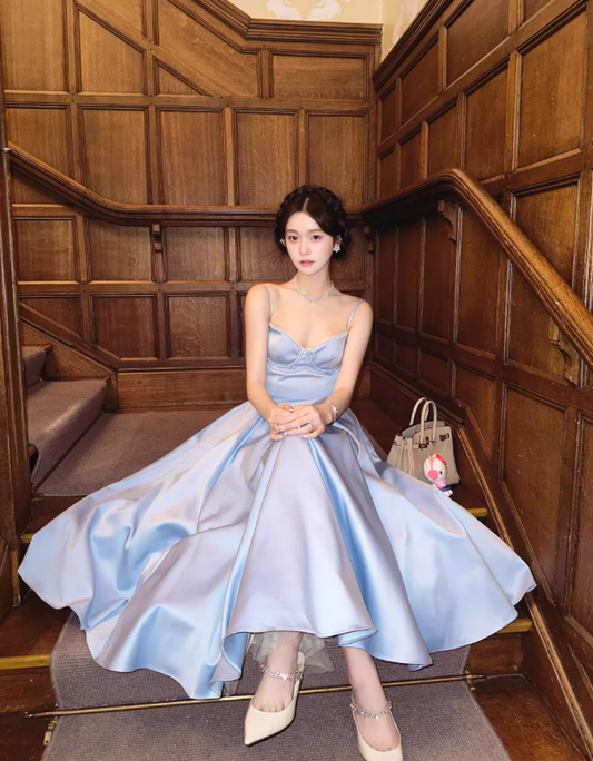 Baby Blue Elegant Simple Satin Party Dress Date Dress Birthday Dress DP2960