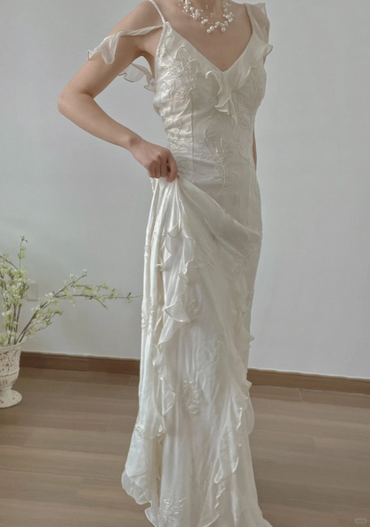 Flowy Mermaid Strap Beaded Ruffle Satin Long Prom Dress Evening 18th Birthday Dress DP3348