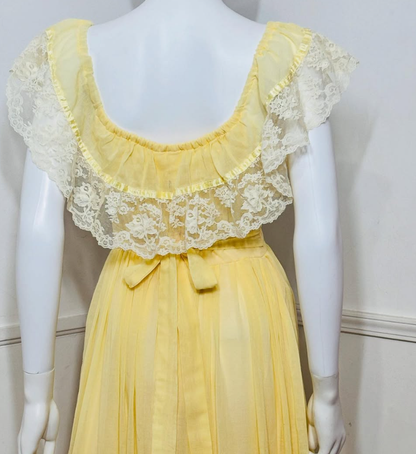 1970s Pale Light Yellow Tulle Lace Vintage Prom Dress Outfits DP3397