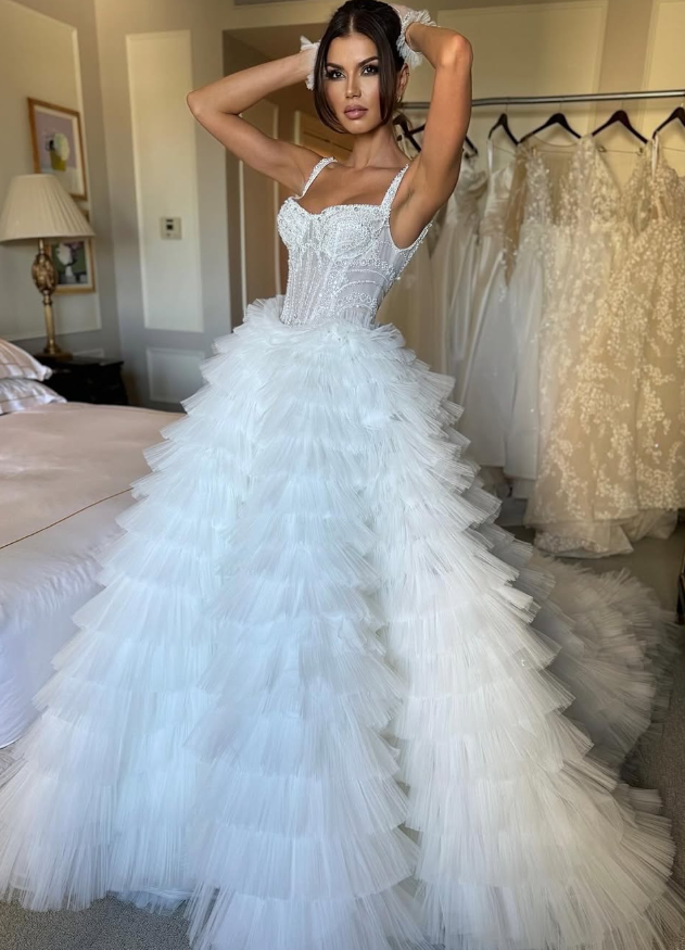 Stunning Ball Gown Spaghetti Strap Beaded Layered White Tulle Long Wedding Dress DP5837