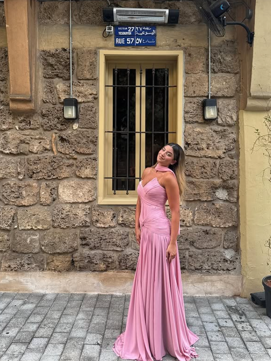 Pink A Line Strapless Pleated Chiffon Long Prom Dress Party Dress Wedding Guest Dress DP4112