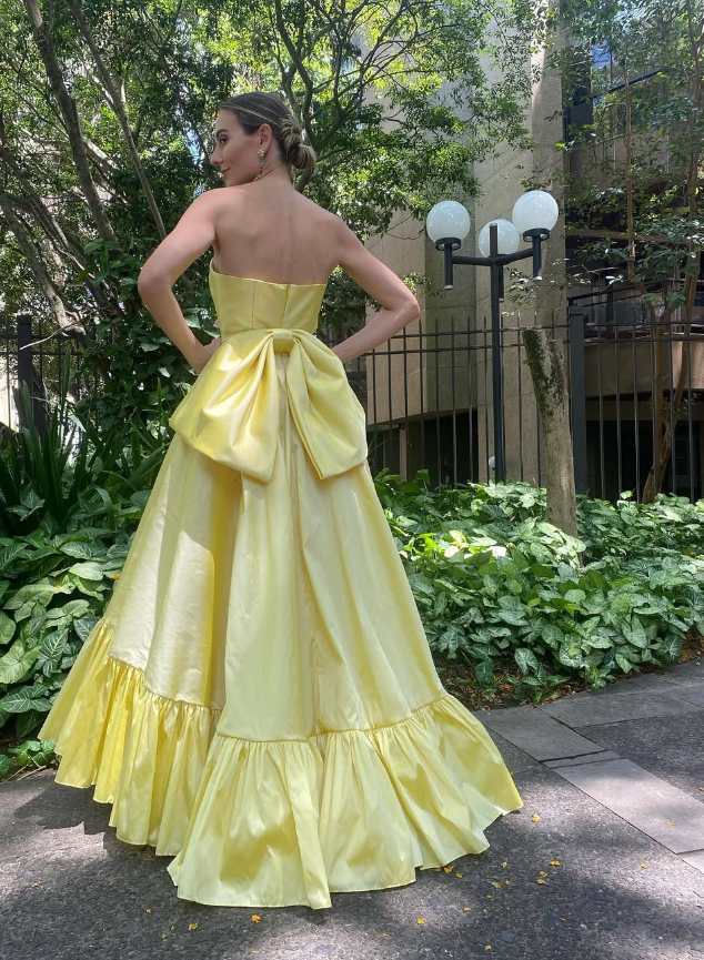 Cute A Line Strapless Yellow Satin Prom Dress Evening Dress with Bow DP1616