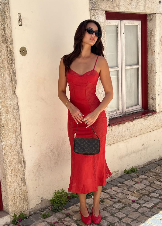 Red Mermaid Spaghetti Straps Lace Satin Prom Dress Evening Dress DP1525