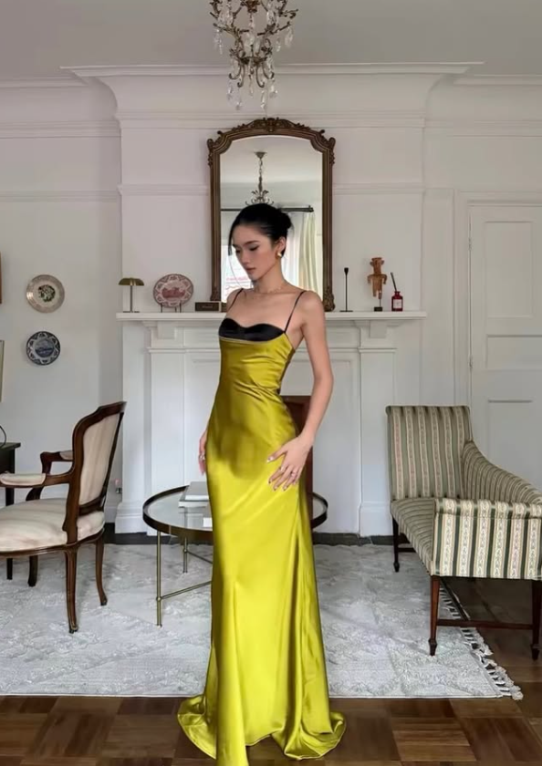 Charming Green A Line Spaghetti Strap Satin Long Prom Dress Evening Dress DP7955