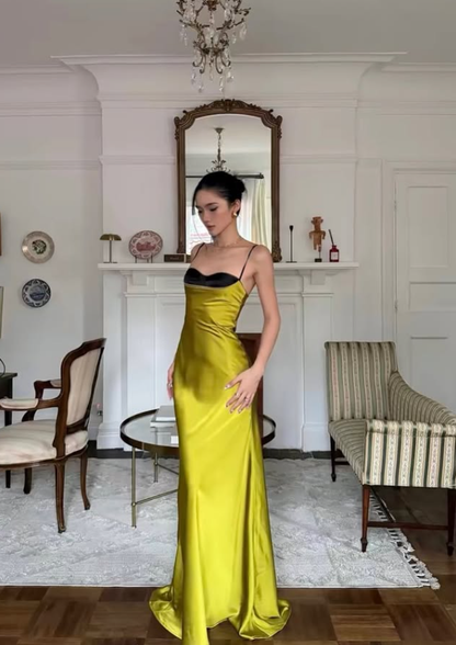Charming Green A Line Spaghetti Strap Satin Long Prom Dress Evening Dress DP7955