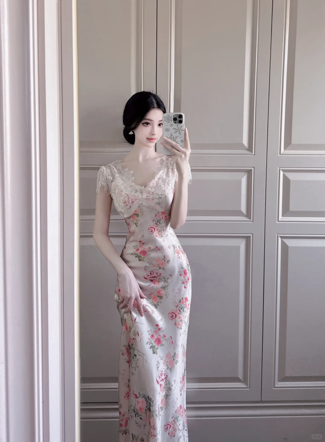 Elegant Sheath V Neck Pink Print Floral Satin Long Prom Dress Outfits DP4614