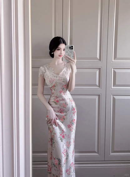 Elegant Sheath V Neck Pink Print Floral Satin Long Prom Dress Outfits DP4614