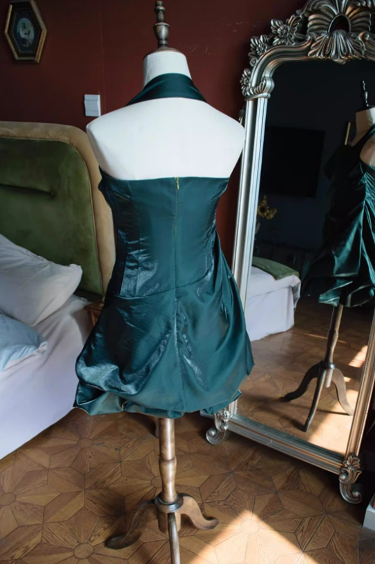 Cute Navy Blue A Line Halter Pleated Satin Open Back Short Homecoming Dress Outfits DP4700