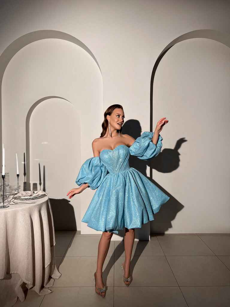 Shiny Ball Gown Puff Blue Sequin Short Prom Dress Homecoming Dress DP3934
