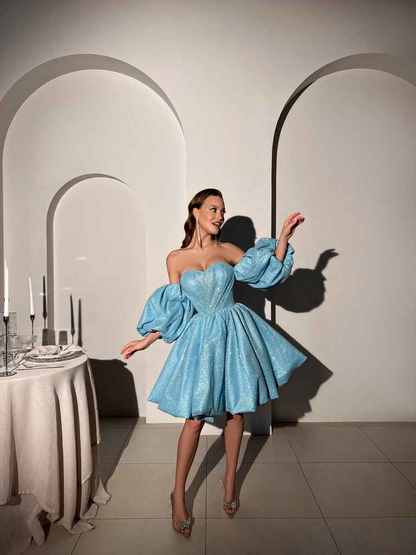 Shiny Ball Gown Puff Blue Sequin Short Prom Dress Homecoming Dress DP3934