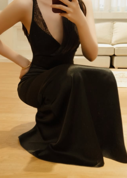 Elegant Black Sheath V Neck Lace Satin Prom Dress Evening Dress DP7947