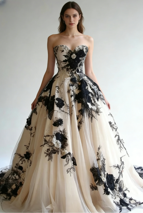 Stunning Ball Gown Sweetheart Neck Black Appliques Tulle Prom Dress Evening Gown DP5038