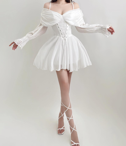 Pretty A Line Long Sleeve Corset White Chiffon Short Party Dress Homecoming Dress DP3018
