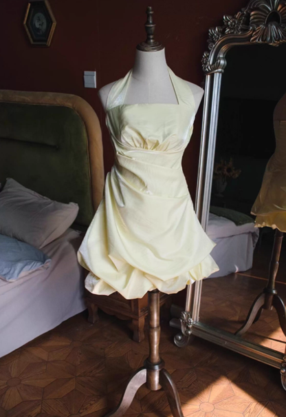 Cute Navy Blue A Line Halter Pleated Satin Open Back Short Homecoming Dress Outfits DP4700